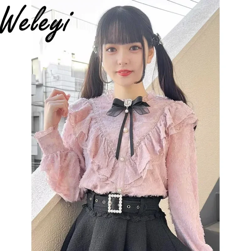 

Japanese Kawaii Sweet Rojita Shirts Women's Cute Wild Long Sleeve Niche Pleated Feather Lace See Through Peter Pan Collar Blouse