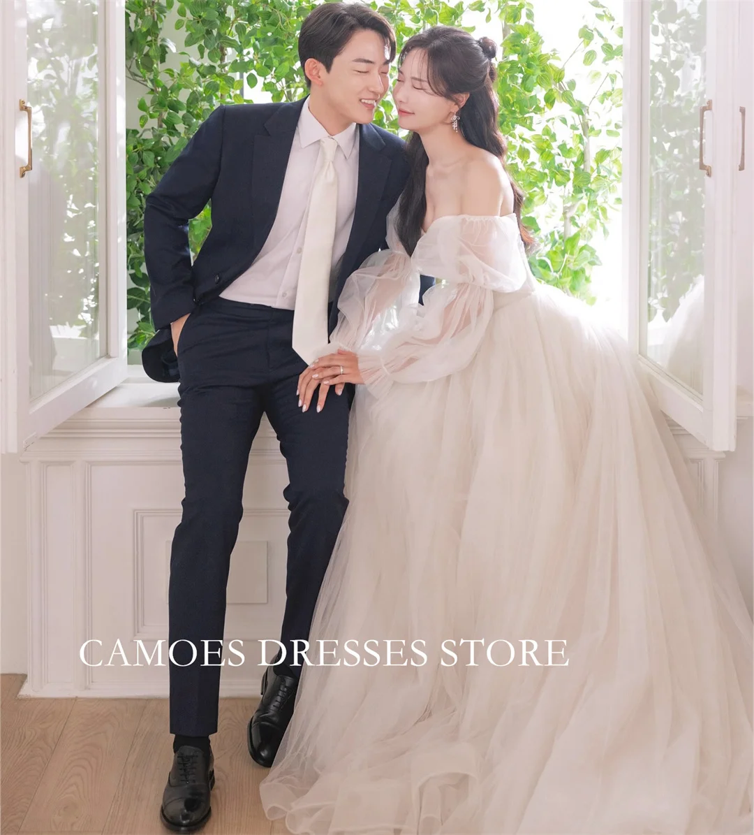 SONDR Customized Sweetheart Ivory Wedding Dresses Ruched Korea Long Sleeves A-Line Tulle Brides Gowns Women Bridal Dresses