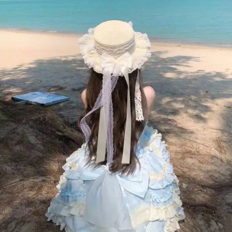 

Sweet Lace Lolita Straw Hat Original Ins Style Beach Sunshade Forest Countryside Theme Girls Summer Outdoor Fashion Accessory