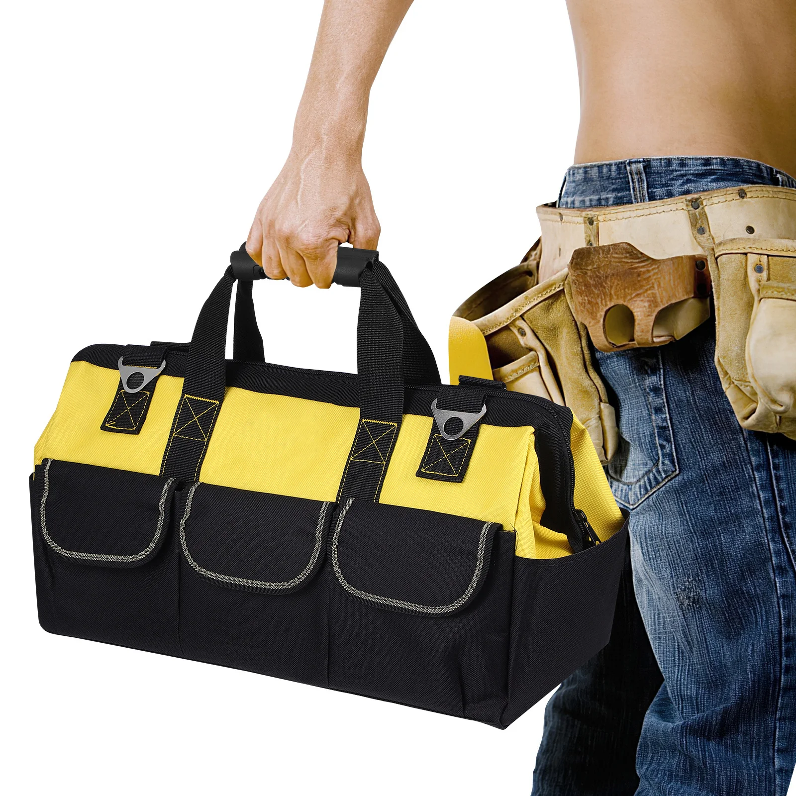 

Large Oxford Cloth Tool Bag Organizer with Double-Layer Bottom Heavy Duty Wear-Resistant Storage for Electrician Mechanic