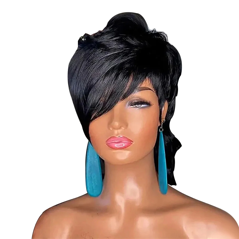 Mullet Wig for black Women Pixie Cut Wigs Body Wave Natural Black Wig Full Machine Made Wig With Bangs Real Human Hair Wig