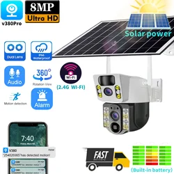 4K 8MP WiFi Solar Camera Dual Lens Low Power Battery CCTV Cameras PIR Motion Detection Auto Track V380 Surveillance Monitor