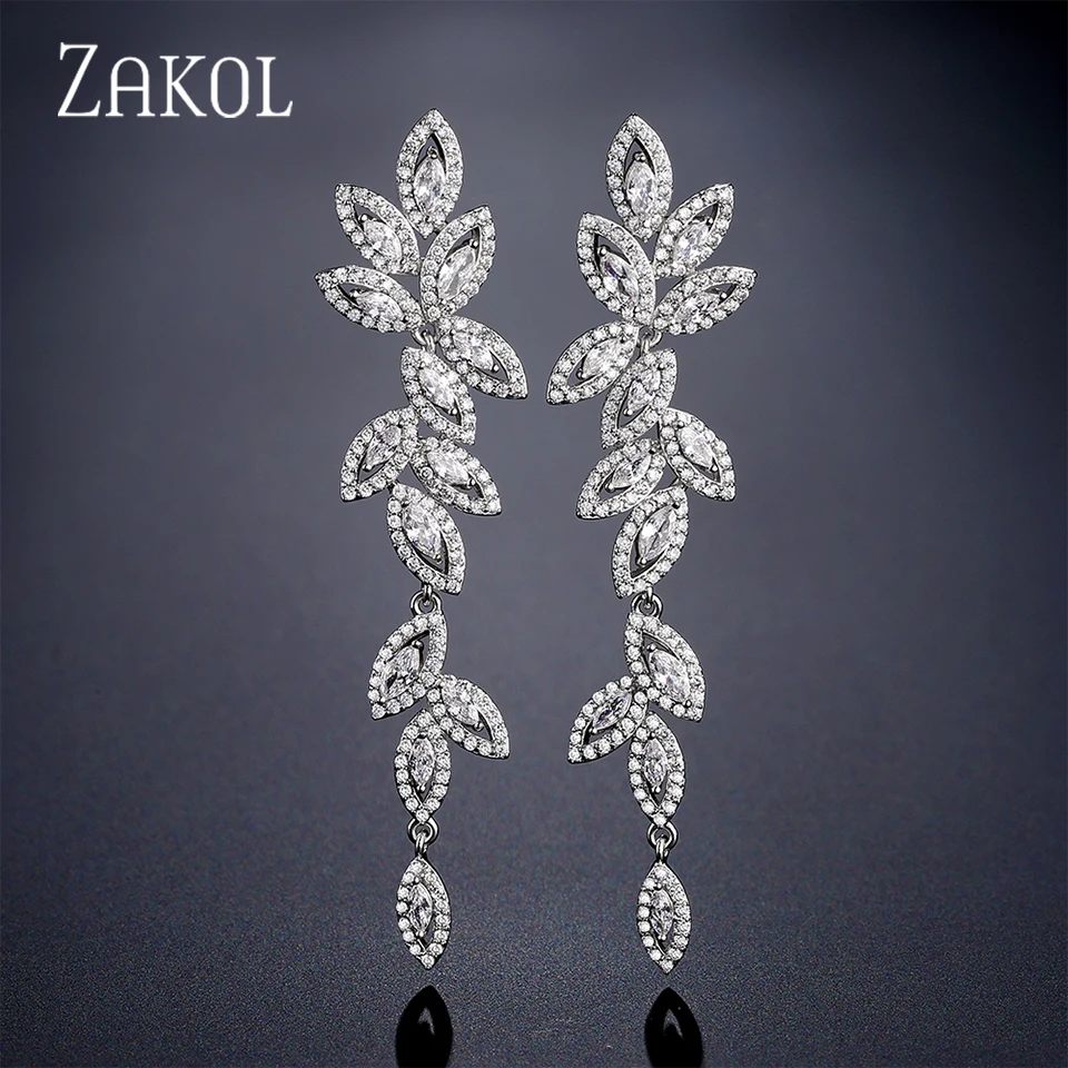 Luxury Polish Best Selling Leaf CZ Long Drop Earrings for Women Elegant AAA Zircon Bridal Earring  Wedding Party Jewelry