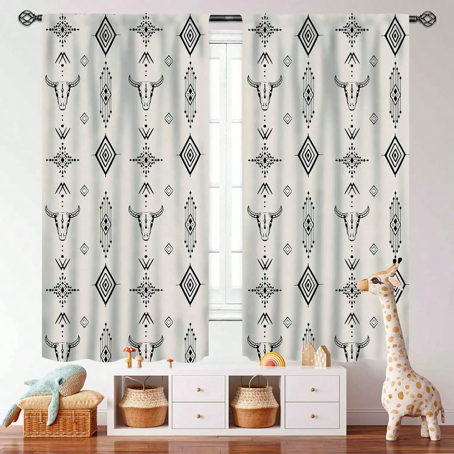 Print Window Curtain,Rustic Retro Bull Skull Native  Boho Design  Pattern Window Treatments For Bedroom Living Room Kitchen,