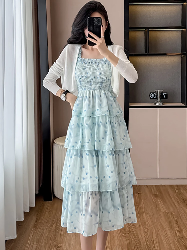 

Summer Chiffon Print Polka Dot Ruffled Sling Long Dress+White Knitted Coats Two Piece Sets 2025 Women New Elegant Casual Dresses