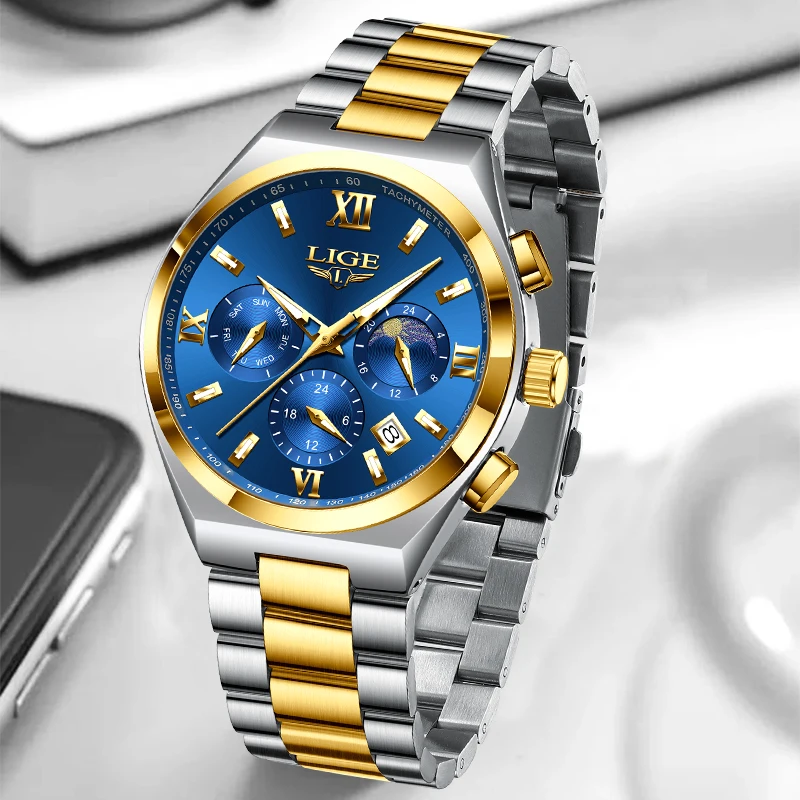 

LIGE Quartz Man Watch Top Brand Luxury Business Stainless Steel Band Waterproof Luminous Calendar Moon Phase Watches for Men+Box