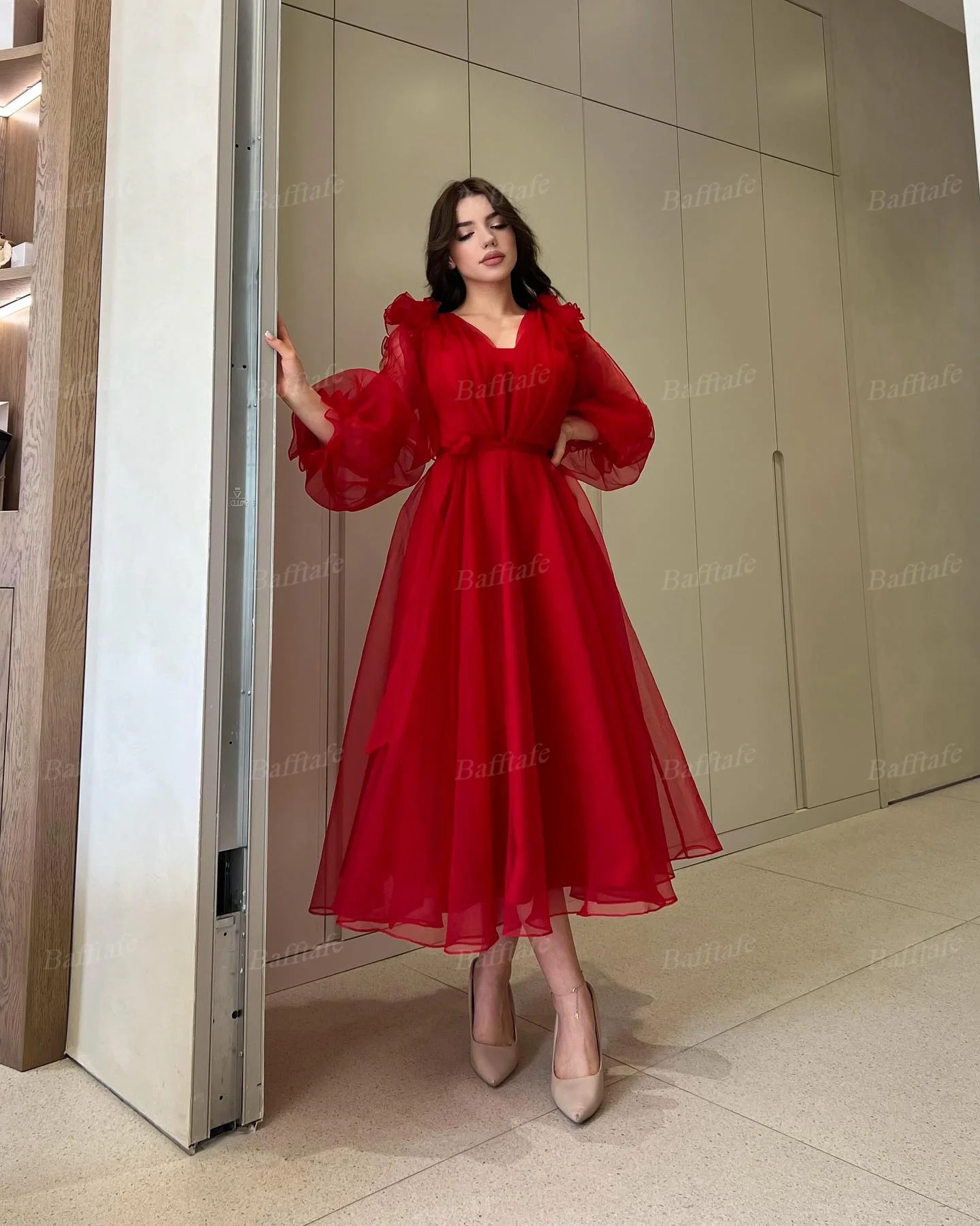 Bafftafe Red Organza Tea Length Midi Prom Dresses Customized Women Formal Dress Long Sleeves Special Party Homecoming Gowns