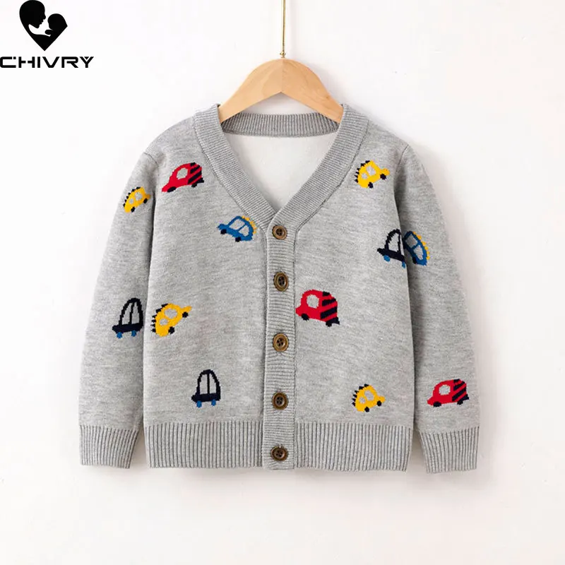 Baby Boys Girls Autumn Winter Thick Cardigans Kids Cartoon Car Jacquard V-neck Long Sleeve Knit Coat Sweaters Children Clothing