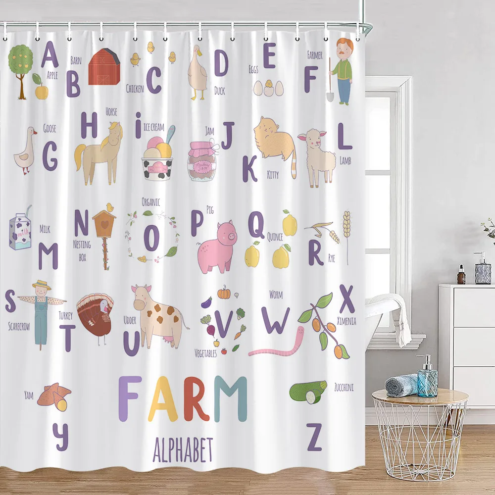 Cartoon Animal Kids Shower Curtain Funny Alphabet Bathroom Decor ABC Learning Cartoon Animals Polyester Fabric Bath Curtains