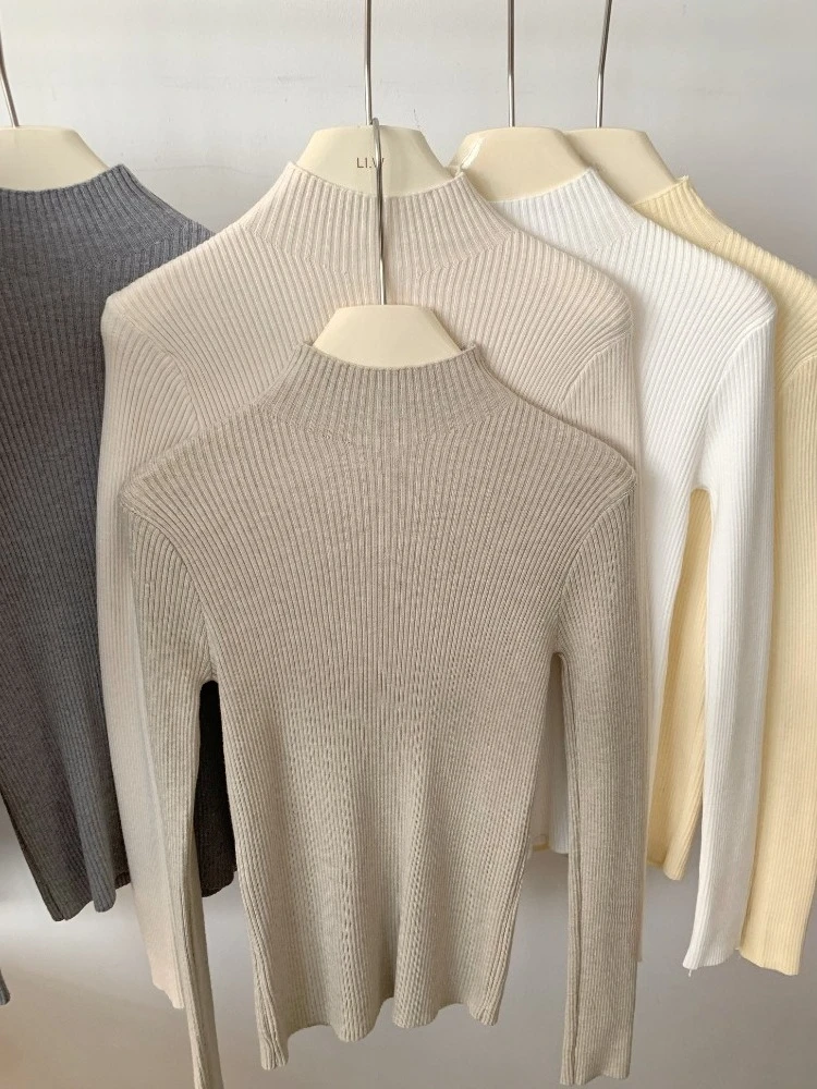 Suéter de manga larga acanalado con cuello alto para mujer, Jersey de punto de manga larga para otoño e invierno, jersey suave y cálido para mujer, ropa para mujer