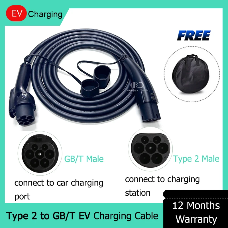 Portable EV Charging Cable 32A 22KW 3Phase 5M Cable IEC 62196-2 Type 2 Male Plug to GB/T Male Plug For Electric Vehicle Charging