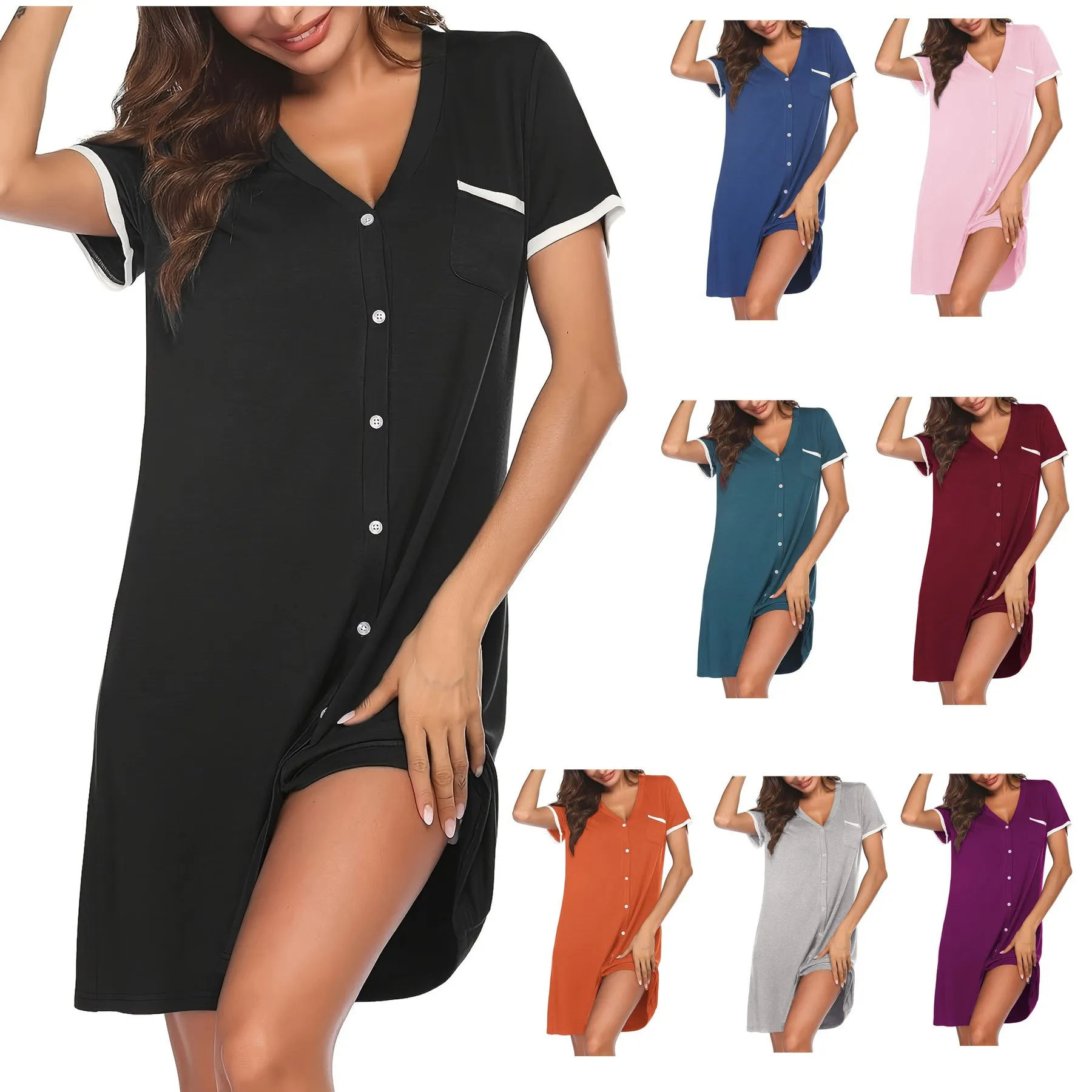 

Women's Summer V-neck Short-sleeved Nightgown Contrast Color Casual Sleepwear Simple Loose Fit Ladies Home Wear for Daily Dress
