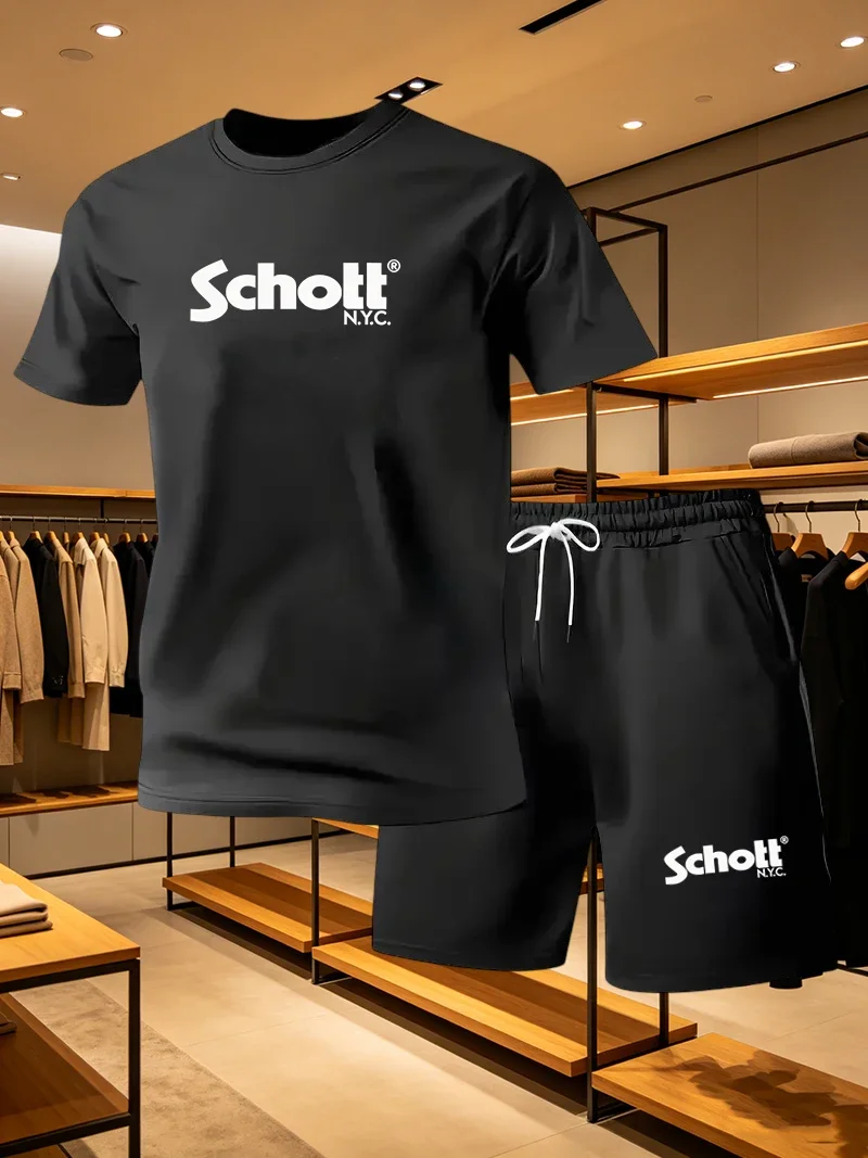 Conjunto Casual Deportivo de Verano para Hombre, Camiseta de Manga Corta y Pantalones Cortos con Estampado Gráfico de Letras SCHOTT, Moderno y Minimalista