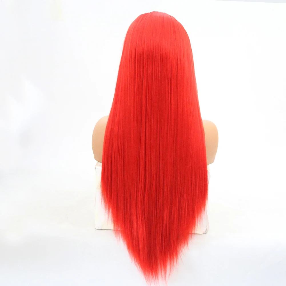 FANXITION Wig sintetis renda depan wanita, Wig lurus 26 inci renda untuk pesta Cosplay Wig sintetis tahan panas Wig merah