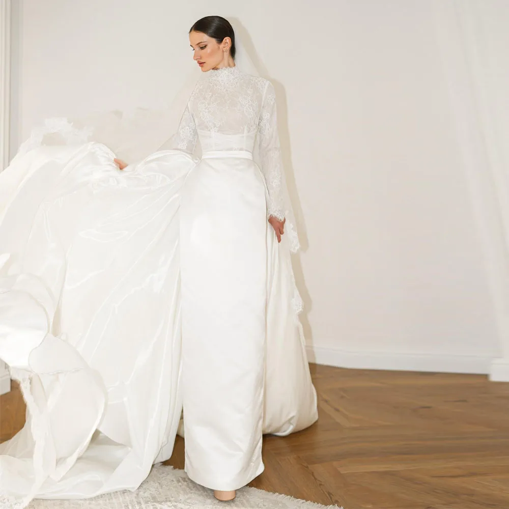 

Customized White Satin Wedding Dress with Detachable Overskirt Lace Long Sleeve High Neck Modest Bridal Gown Straight vestidos