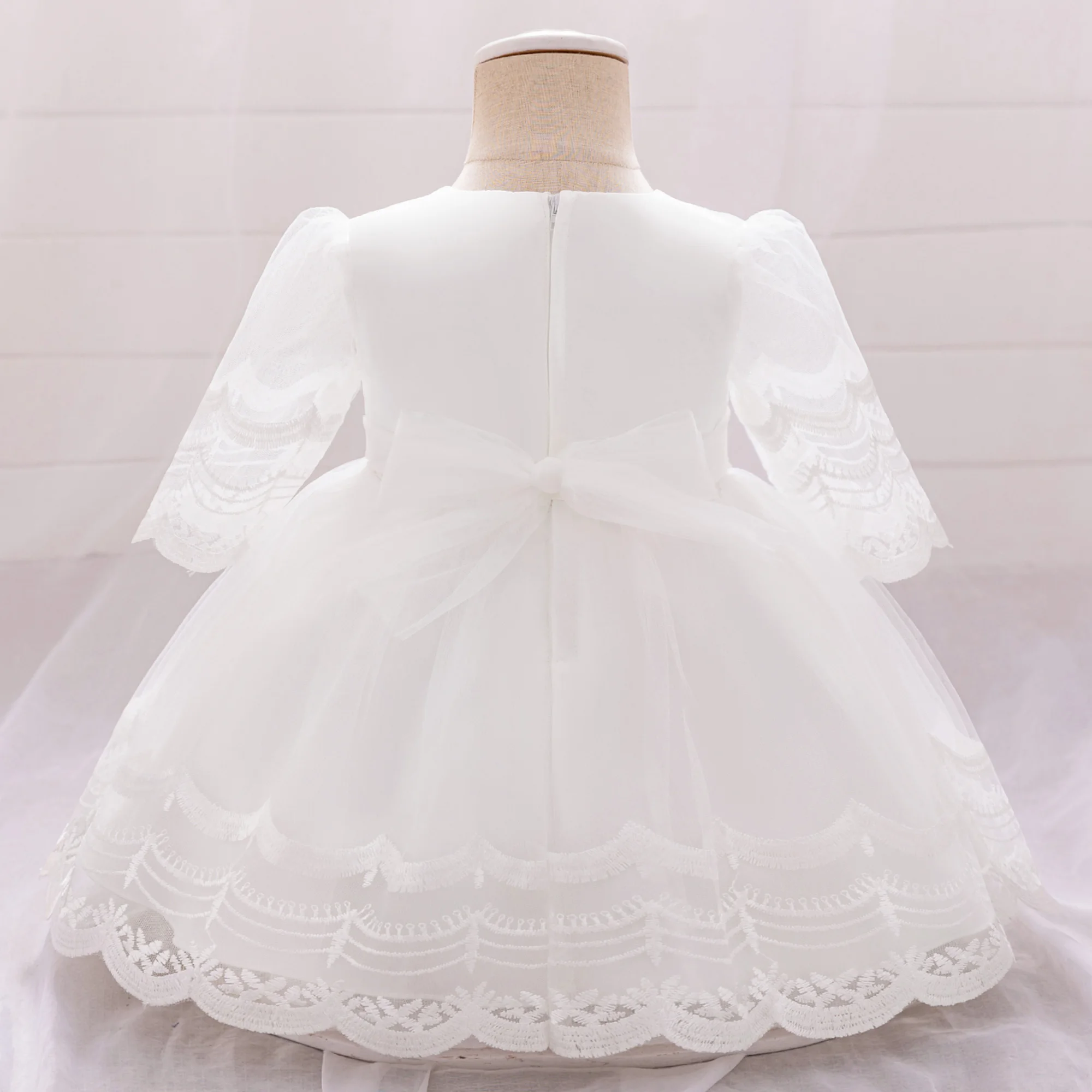 Fluffy White Baptism Baby Girl Party Dress Half Sleeve Tulle Flower 1st Birthday Wedding Princess Dress Bow Embroidery Prom Gown