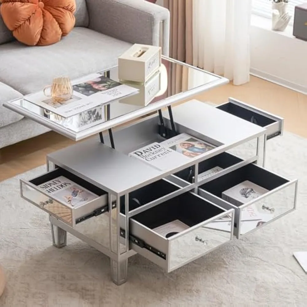 Mirrored Lift Top Coffee Table, Assembled Modern Coffee Table with Drawers for Living Room (Silver, 35'' x 19'' x 18'')