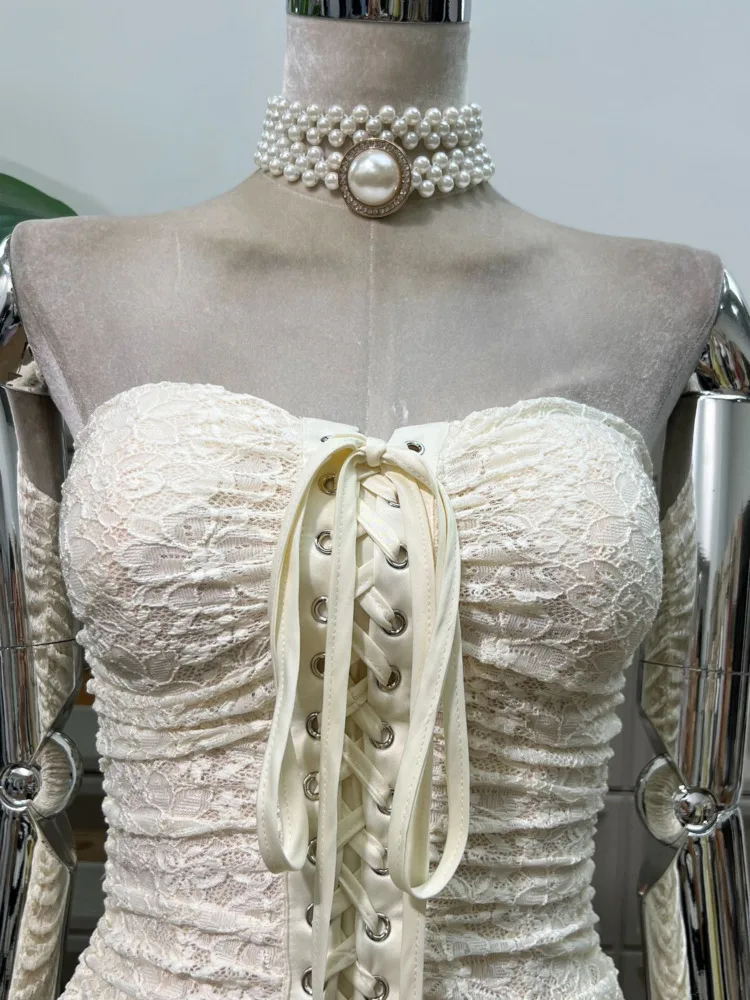 DFDG – Mini robe Bustier froncée et moulante en dentelle pour femmes, tenue de soirée moulante aux hanches, printemps et été 2025