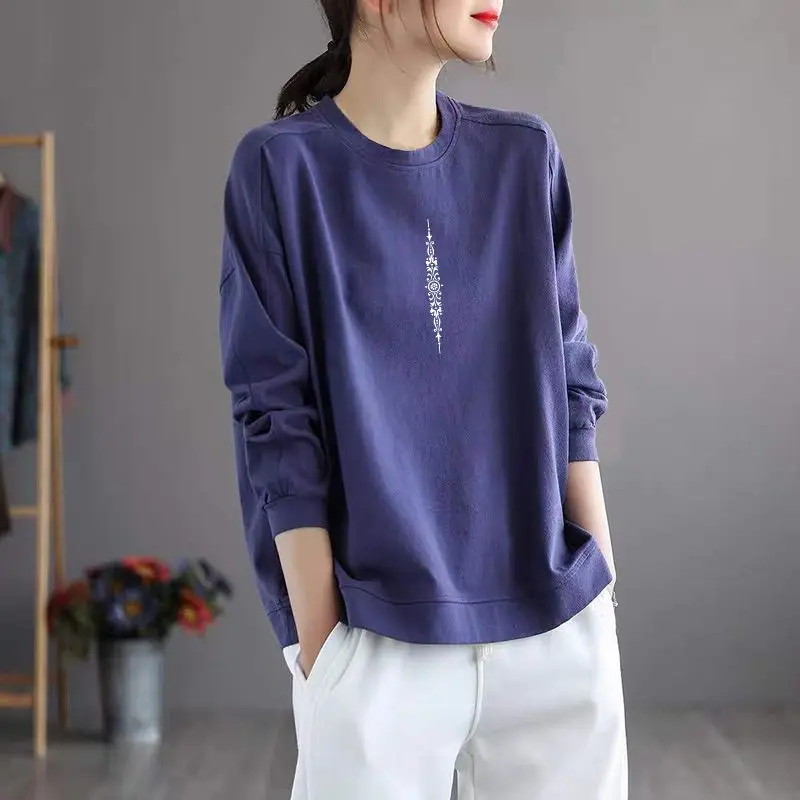 Women Korean Fashion Print Simple Cotton All Match T-shirts Spring Autumn O Neck Long Sleeve Loose Pullover Tops Ropa Para Mujer