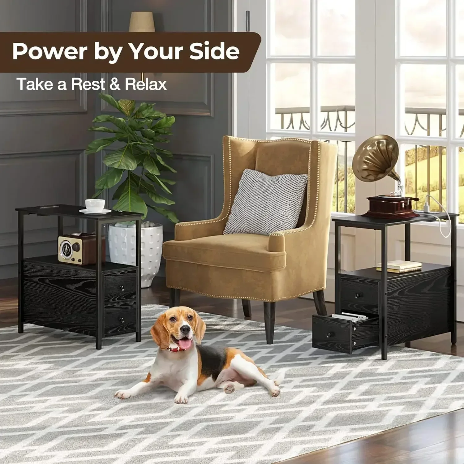 Customizable-End Table With Charging Station, Narrow Side Table With 2 Wooden Drawers, USB Ports And Power Outlets, Nightstand S