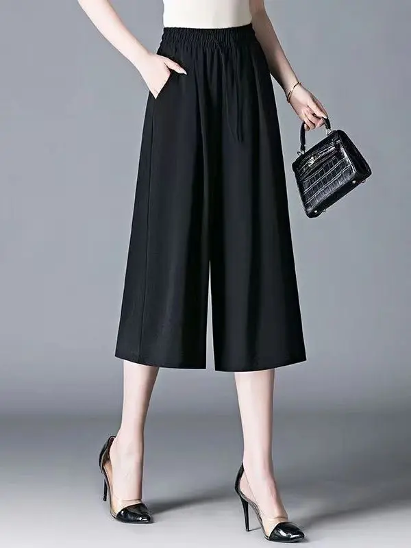 Pantalon à jambes larges en soie glacée pour femmes, jupe fine et ample drapée, décontracté, coréen, taille haute, en Fiber de Polyester, été
