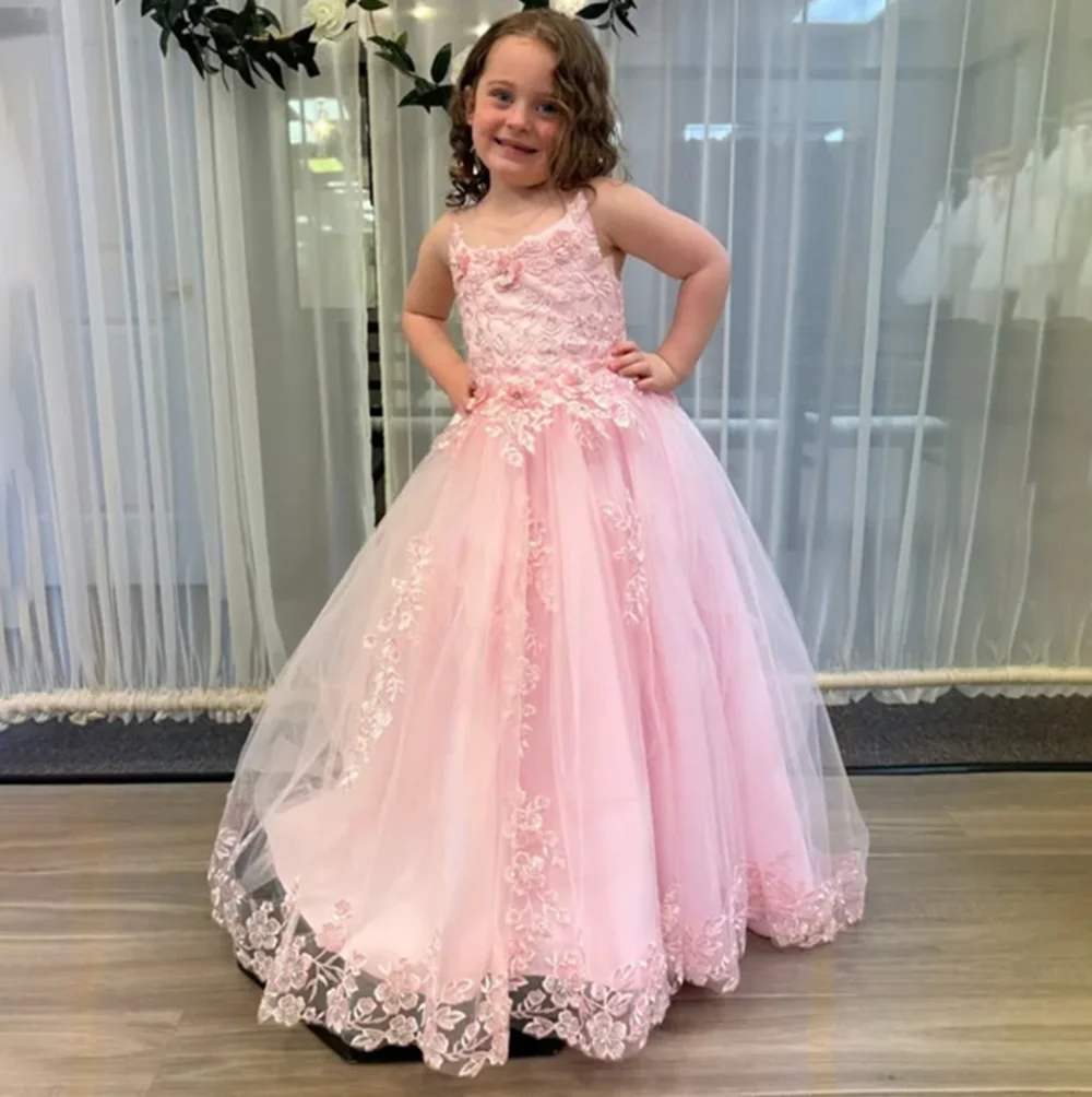 Spaghetti Strap Applique Long A Line Flower Girl Dress Princess Floor Length Elegant Tulle First Communion Dress Customized