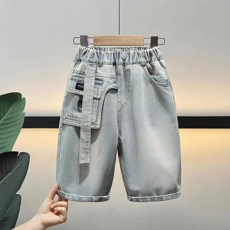 Boys\' Shorts for Summer 2024 New Outerwear for Children\'s Summer Wear Thin Denim Shorts Boys Summer Cropped Pants