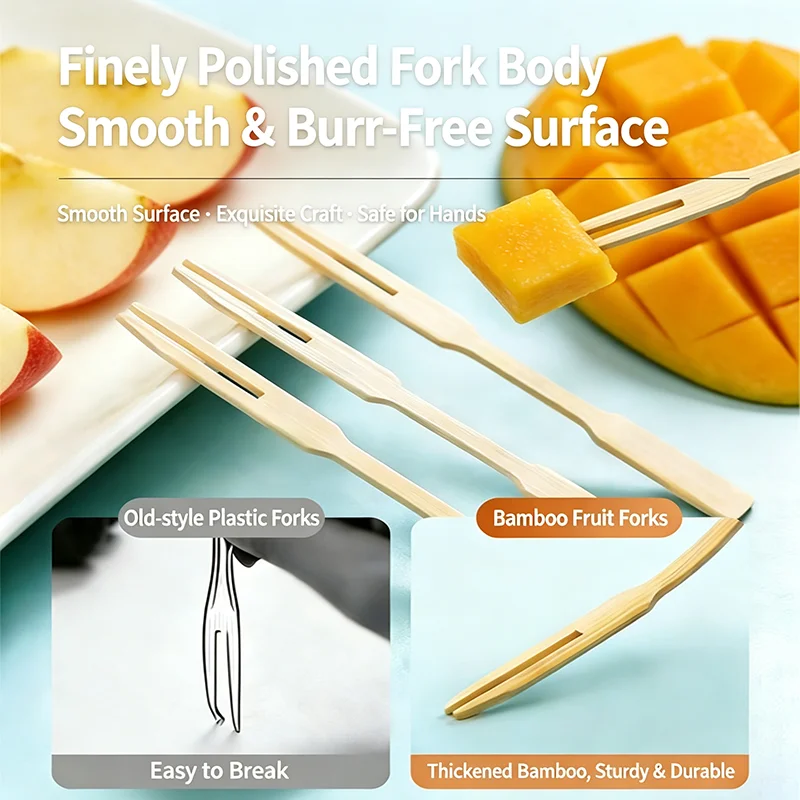 100/200Pcs Disposable Bamboo Fruit Forks 2-Prong Sturdy Picks for Party Cake Dessert Snack Eco-Friendly Cutlery