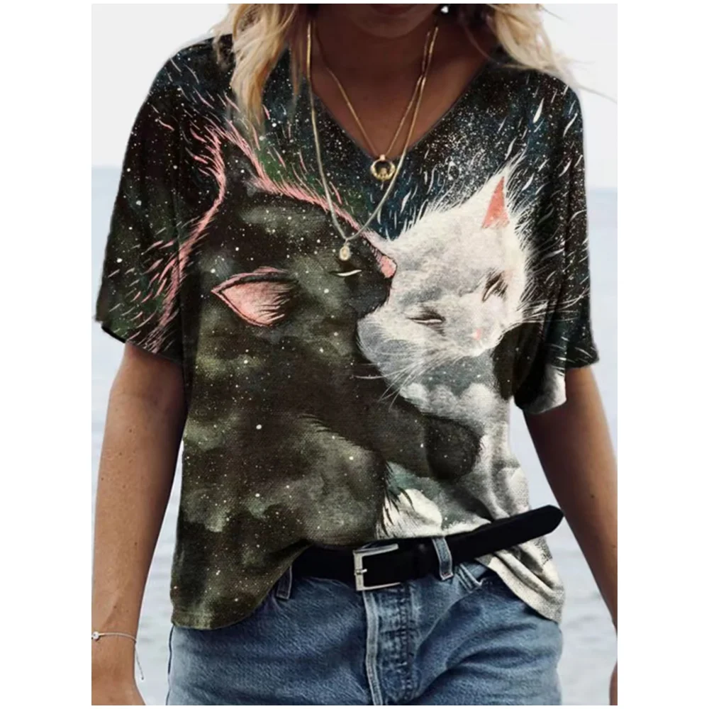 Retro Anime Kitten Women\'s T-shirt Harajuku Girl Clothes V-neck Cotton Short Sleeve Tees 2023 Fashion Streetwear 3D Print Blouse