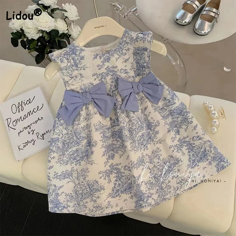 

Children's Butterfly Machine Small Floral Sleeveless Patchwork Button Kids Clothes Girls Round Neck Floral Printing Bow Dress