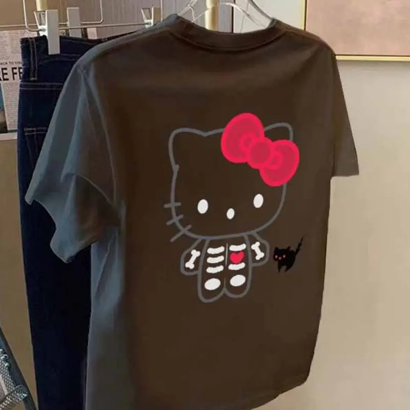 

Топ с коротким рукавом Hello Kitty, летний Свободный Топ из чистого хлопка для молодых людей, модель 2024 большого размера