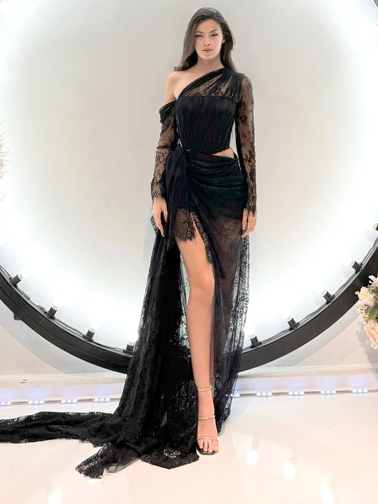 Maxi Cocktail Party Gowns Sexy Black Lace Illusion Asymmetrical Long Evening Dress See Through Full Sleeves Cut Out