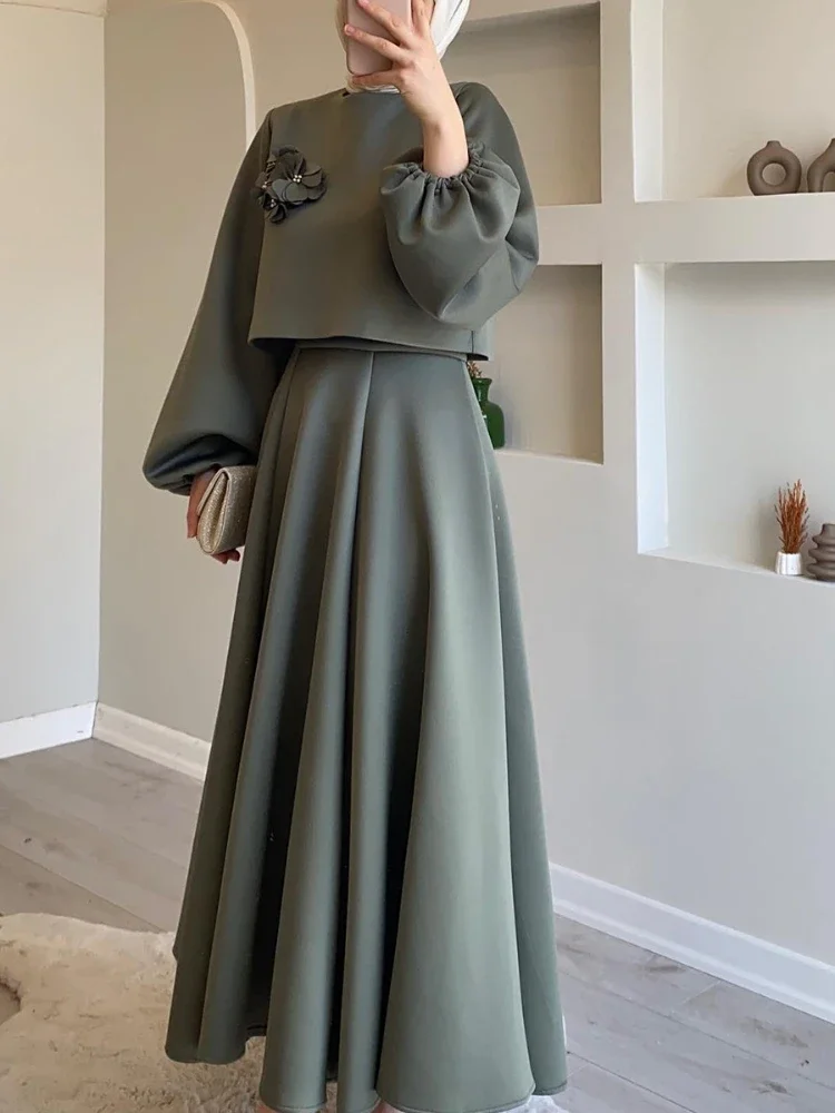 Eid Dubai Fashion Set 2 Piece woman Lantern Sleeve Top Shirt & Skirts Suits Musulman Ensembles Jalabiya Appliques women Sets