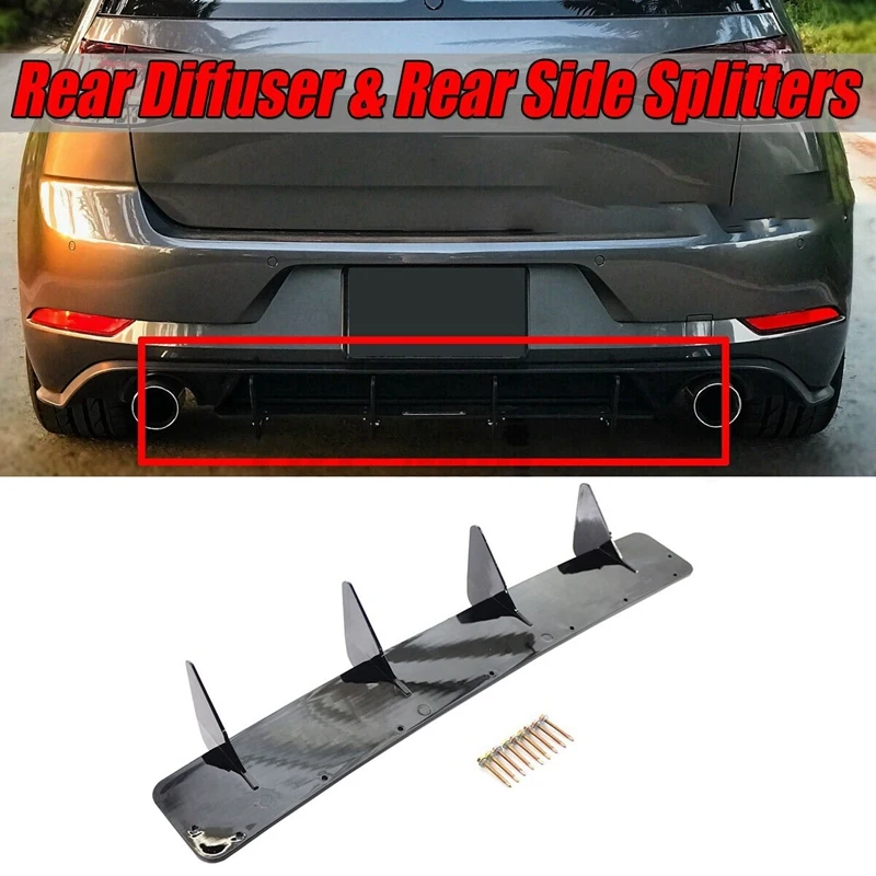 Rear Bumper Lip Diffuser Valance Spoiler Side Splitter 4 Fins For Golf 7.5 MK 7.5 Gloss Black