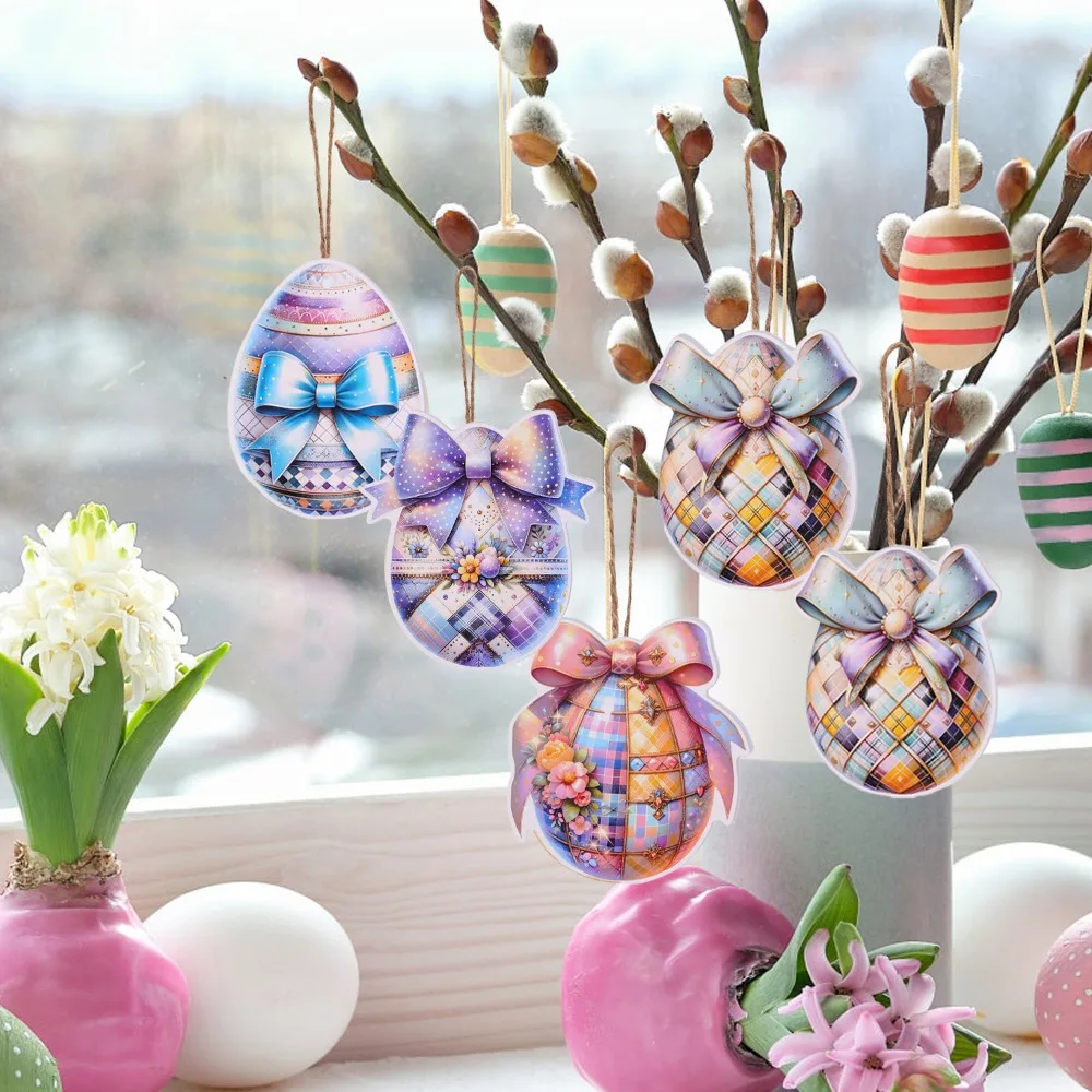 10PCS Easter Cartoon Egg Pendant Paperboard Hanging Ornaments Colorful Bow Egg Tree Pendant Happy Easter Home Party Decoration