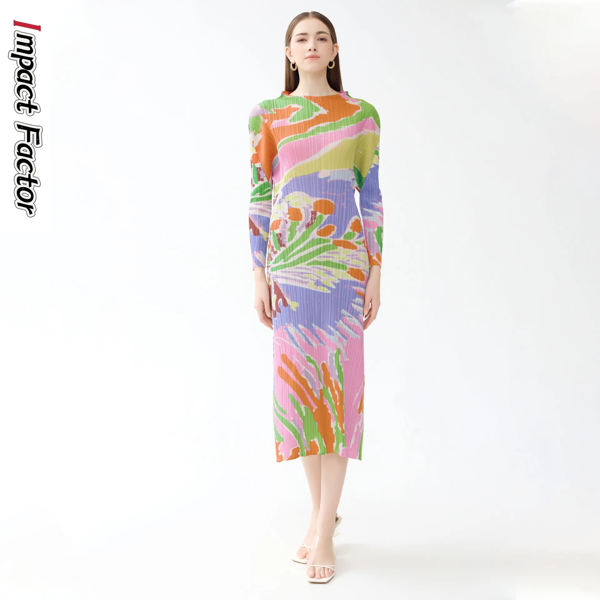 2024 Oil Painting Dress Autumn Women's Casual Style New Pleated Print Round Neck Long Sleeve Fashion Versatile A-line Dress