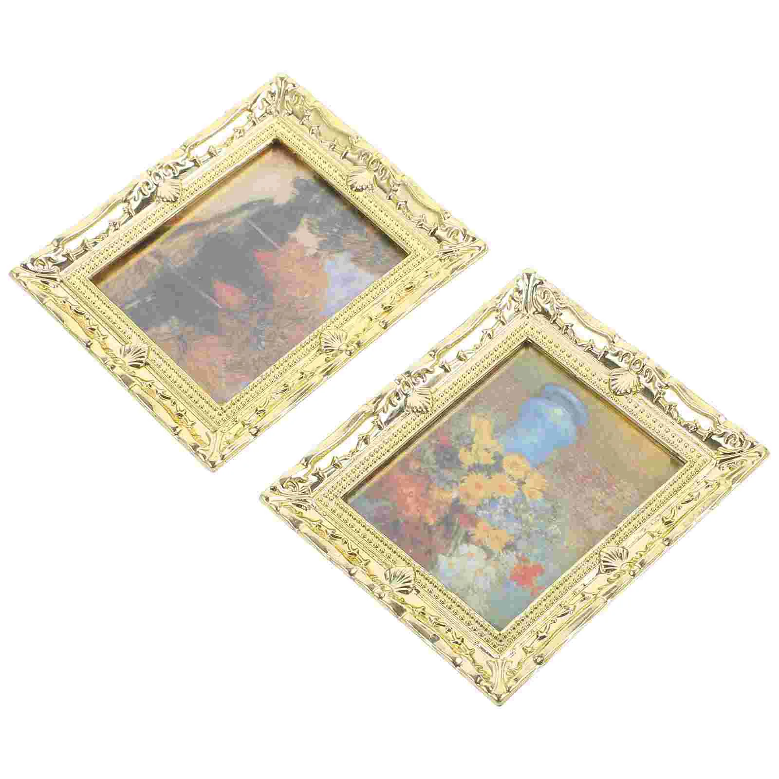 2 Pcs Decorative Gold Oil Painting Tiny House for inside Mini Frames Decorating Ideas Toy Pictures Ornament High Quality