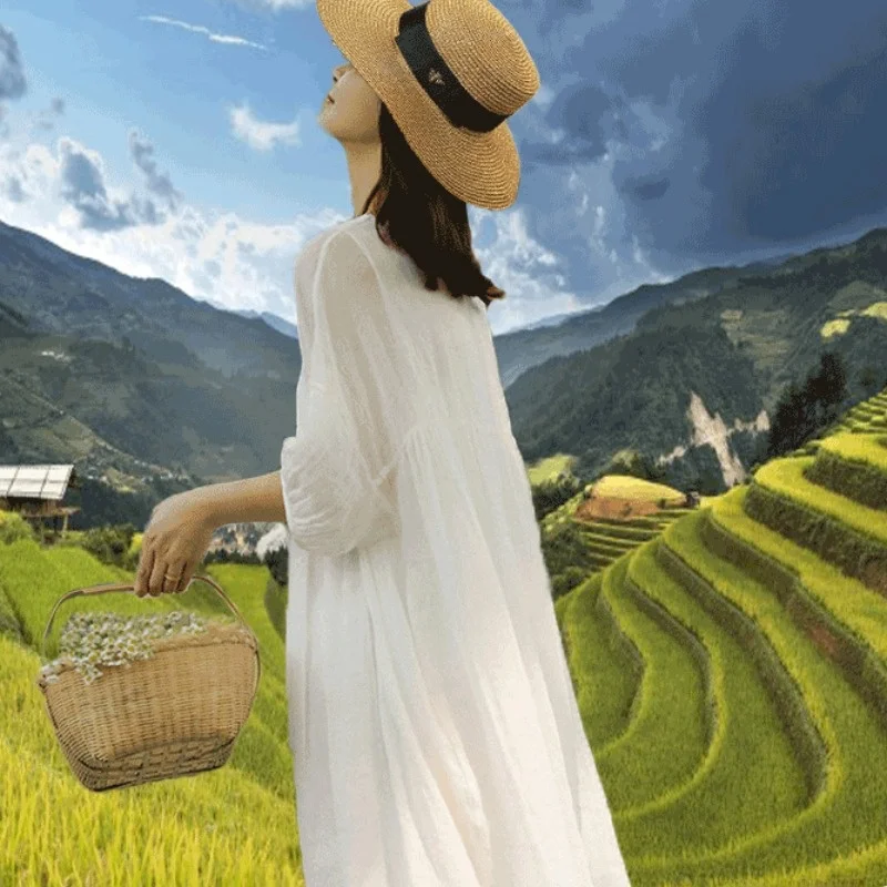 E Vestido Largo Hoado de Lino de Aodón Blanco, Estilo Bohemio, Color Puro, Manga Larga, Capucha, Informal, Cómodo,...