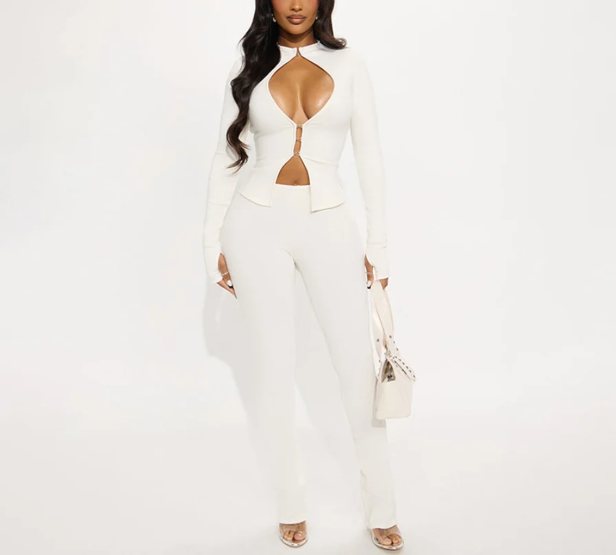 2025 autumn and winter new fashion hollow hook and loop zipper top sexy slim fit pants two-piece set women's clothing