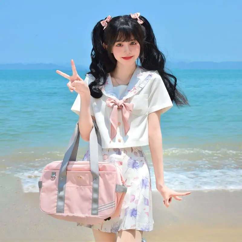 Japan JK Set Academy StyleUniform Set Summer Lolita Sailor Suit Sweet Loli Top Half Skirt Set Beach Vacation