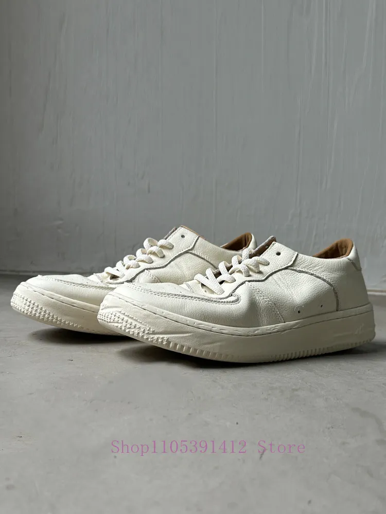 Genuine Leather Men Sneakers Breathable Thick-sole White Shoes Cowhide Japanese-style Lightweight Casual Skate Shoes