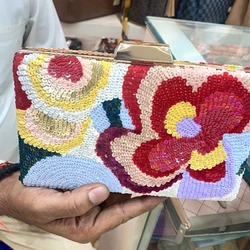 DOYUTIG Vintage Jasmine Flower Beaded Clutch Women's Handmade Shiny Evening Bags For Wedding Party Beading Crossbody Bag N002