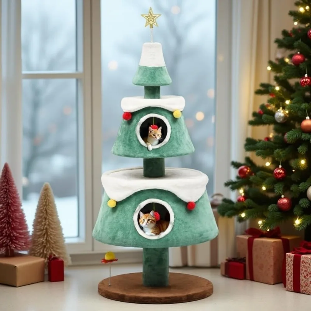 

63" Christmas Cat Tree, Cat Tower for Indoor Kitten with 2 House, Christmas Tree Design with Plush Ball for 2 Cats
