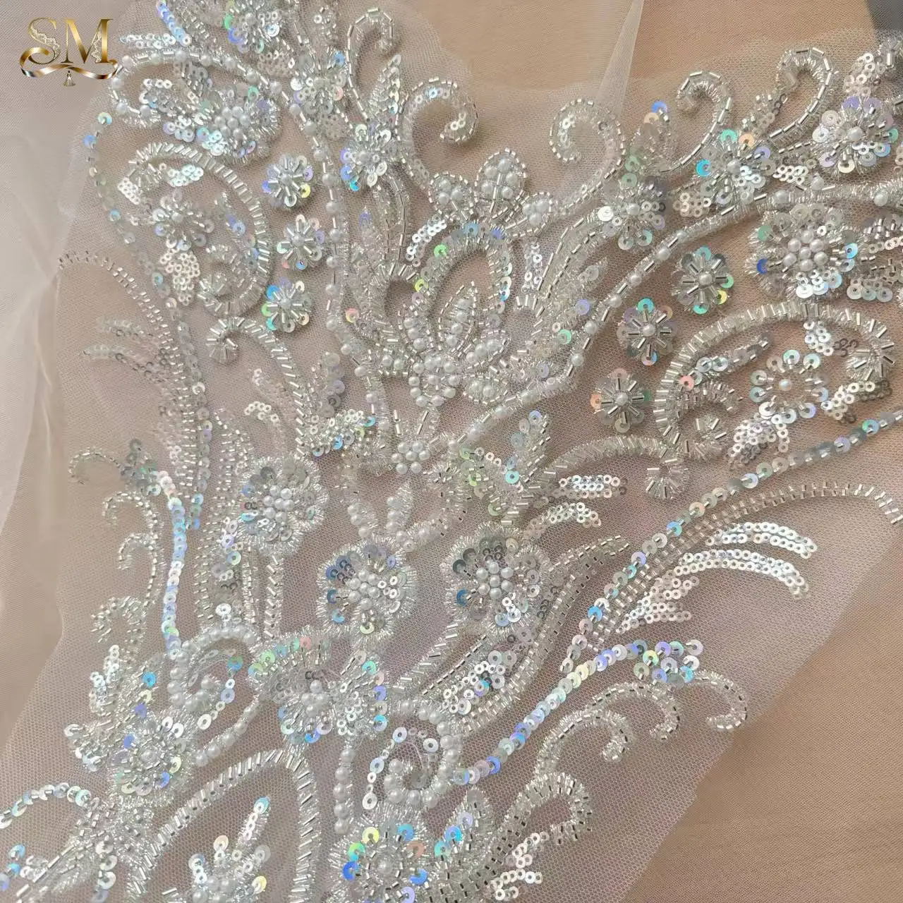 

72X30CM.Bead Embroidery Large Patch,Bridal Sequin Pearl.Children's Clothing Lace Applique.Rainbow White Fabrics for Sewing