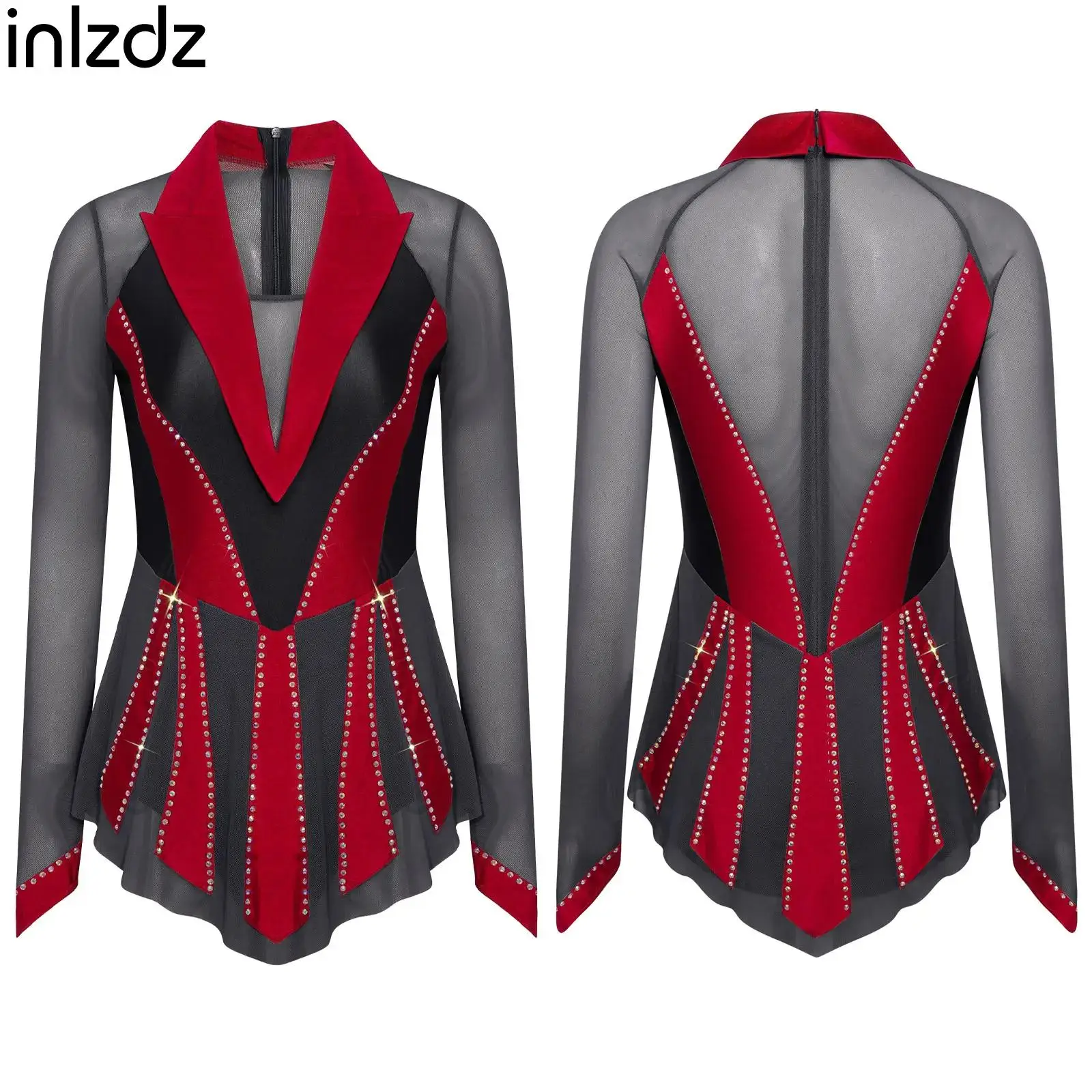 

Women Figure Ice Skating Dress Tutu Dance Gymnastics Leotard Ballet Dress Long Sleeve Rhinestone Dance Party Performance Costume