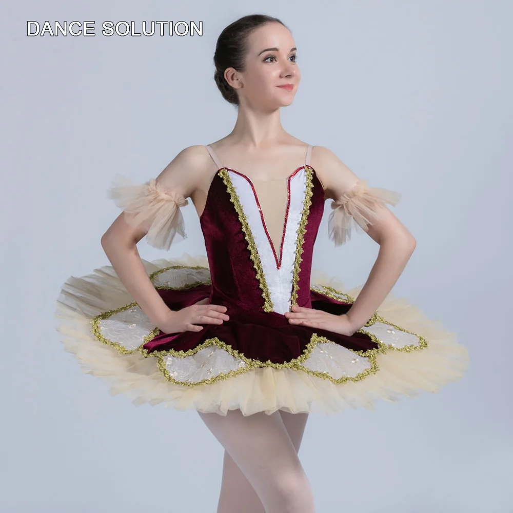 Child Adult Professional Classical Ballet Tutu Costume Burgundy Velvet Bodice with Applique Trims Women's Ballet Costume BLL133