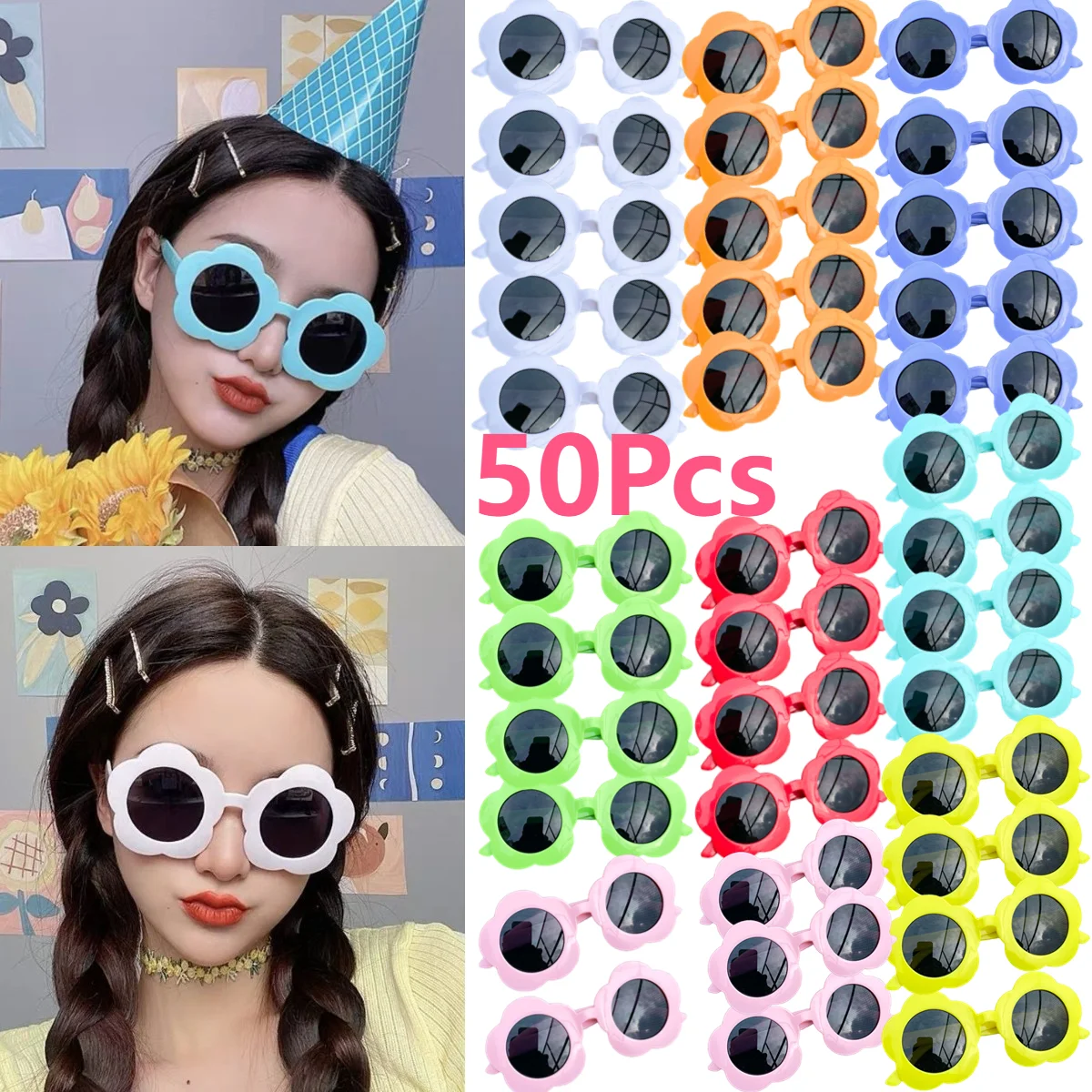 50Pcs Kids Sunglasses Flower Glasses Bulk Party Favors Birthday Children Sun Glasses Girls Boys Summer Beach Pool Party Gift