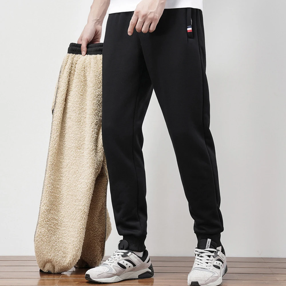 Winter Lambswool Warm Casual Pants Men's Fitness Jogging Sweatpants Male Solid Drawstring Bottoms Fleece Straight Trousers