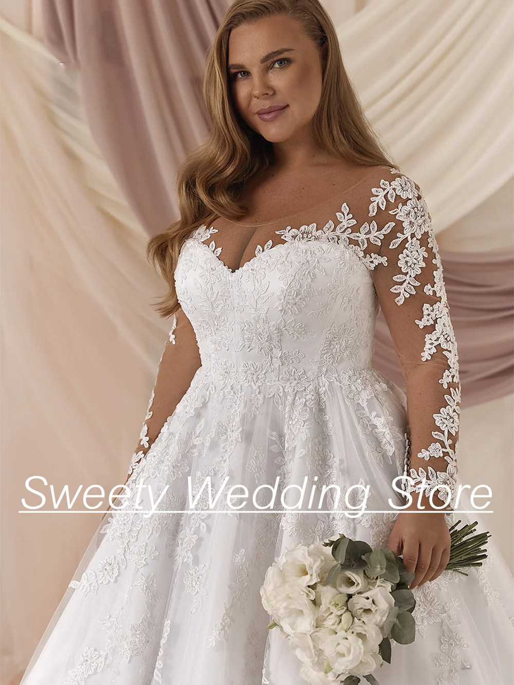 فستان زفاف كلاسيكي مقاس كبير مخصص بأكمام طويلة ورقبة سكوب مزين بقطار سويب فيستدوس دي نوفيا مشد فستان زفاف