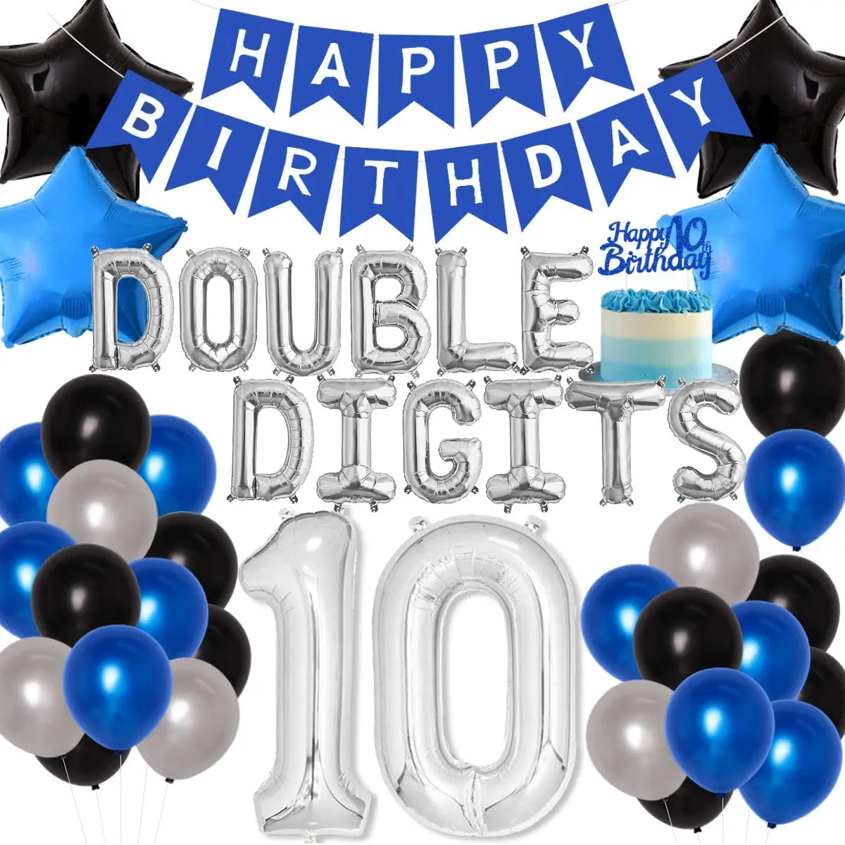 

JOYMEMO 10th Birthday Decorations Blue for Boys Double Digits 10 Years Old Birthday Supplies with Balloons Banner Cake Topper